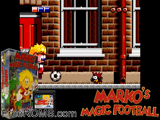 Marko's Magic Football Game Gear game showing 3D box cover and gameplay screenshot